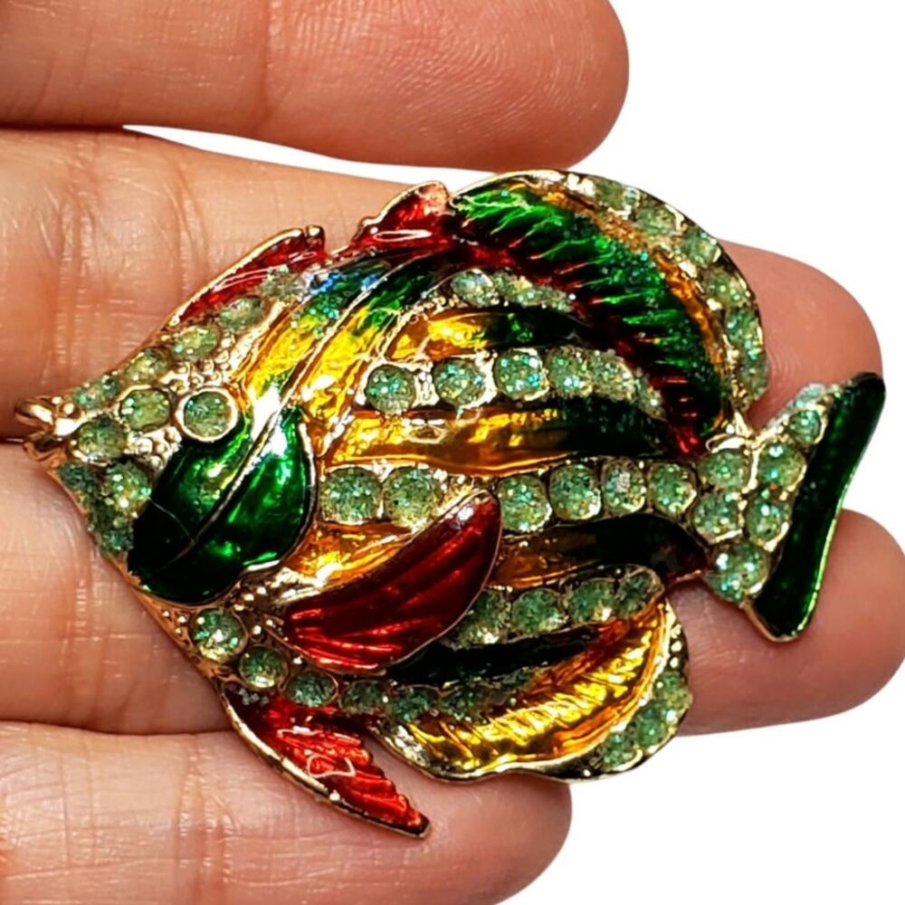 Colorful Enamel Rainbow Fish Sparkle Brooch Pin 2" Gold Tone